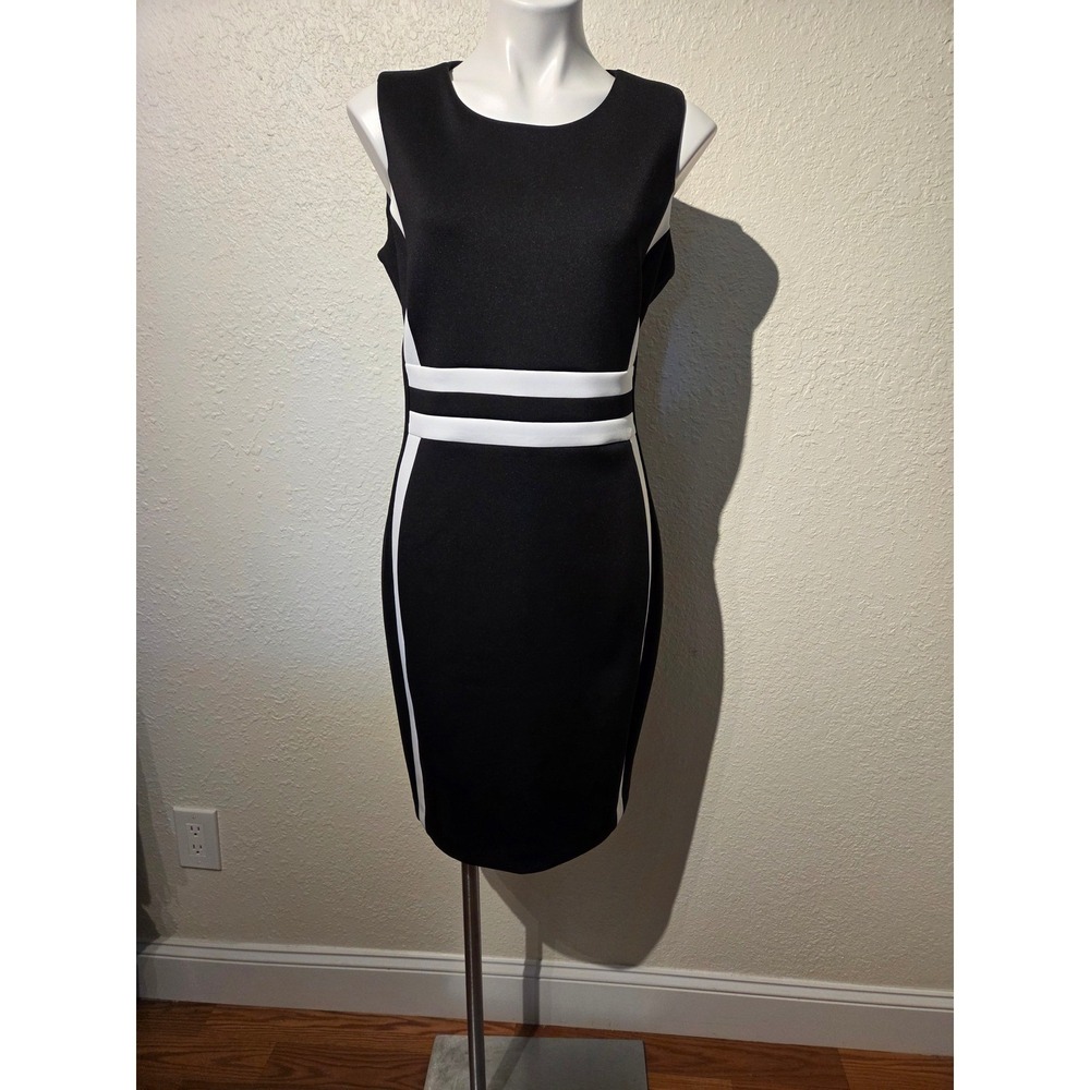 Andrew Marc Womens 14 Black White Colorblock Sleeveless Sheath Dress Knee Length